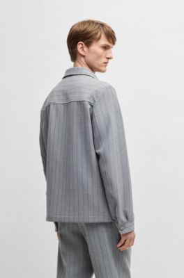 Relaxed-fit overshirt with stripe and script logo, Grey Patterned