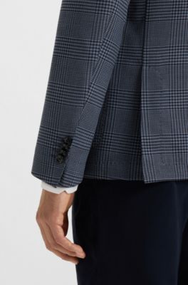 Slim-fit jacket in checked stretch wool, Blue Patterned