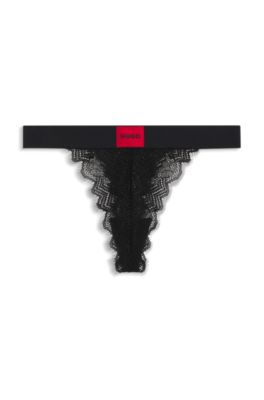 Lace thong with red logo label, Black