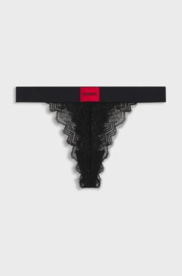 Tanga in pizzo con etichetta con logo rossa, Nero
