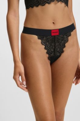 Lace thong with red logo label, Black
