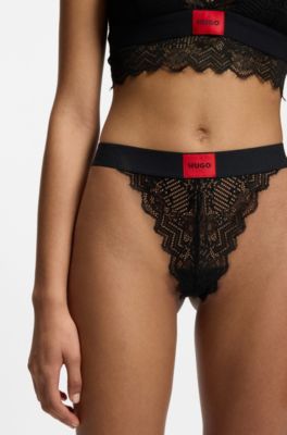 Lace thong with red logo label, Black