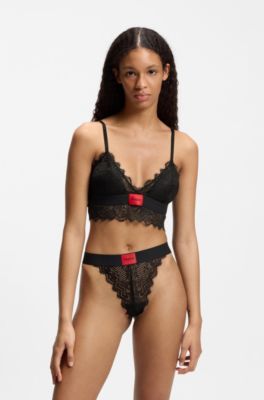 Tanga in pizzo con etichetta con logo rossa, Nero