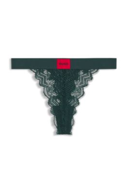 Lace thong with red logo label, Dark Green