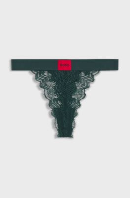 Lace thong with red logo label, Dark Green