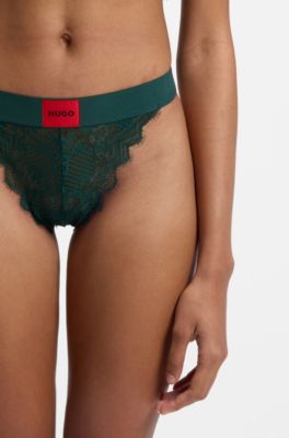 Lace thong with red logo label, Dark Green