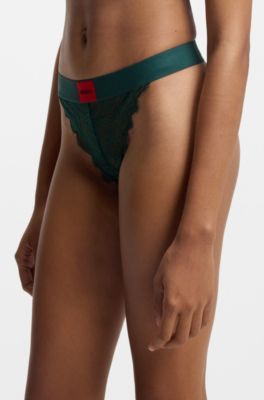 Lace thong with red logo label, Dark Green