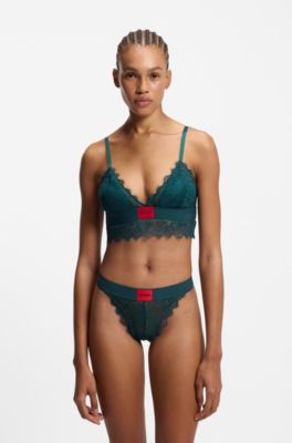 Lace thong with red logo label, Dark Green
