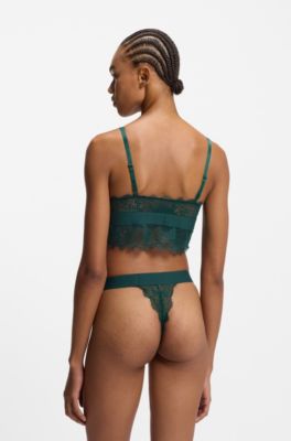Lace thong with red logo label, Dark Green