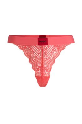 Lace thong with red logo label, Light Red