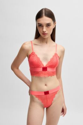 Lace thong with red logo label, Light Red