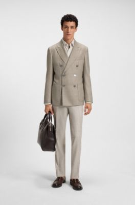 Slim-fit blazer in patterned virgin wool, Light Beige