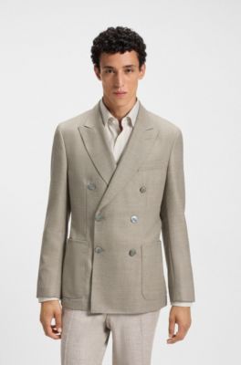 Slim-fit blazer in patterned virgin wool, Light Beige