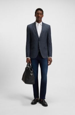 Regular-fit blazer in checked stretch cloth, Blue Patterned