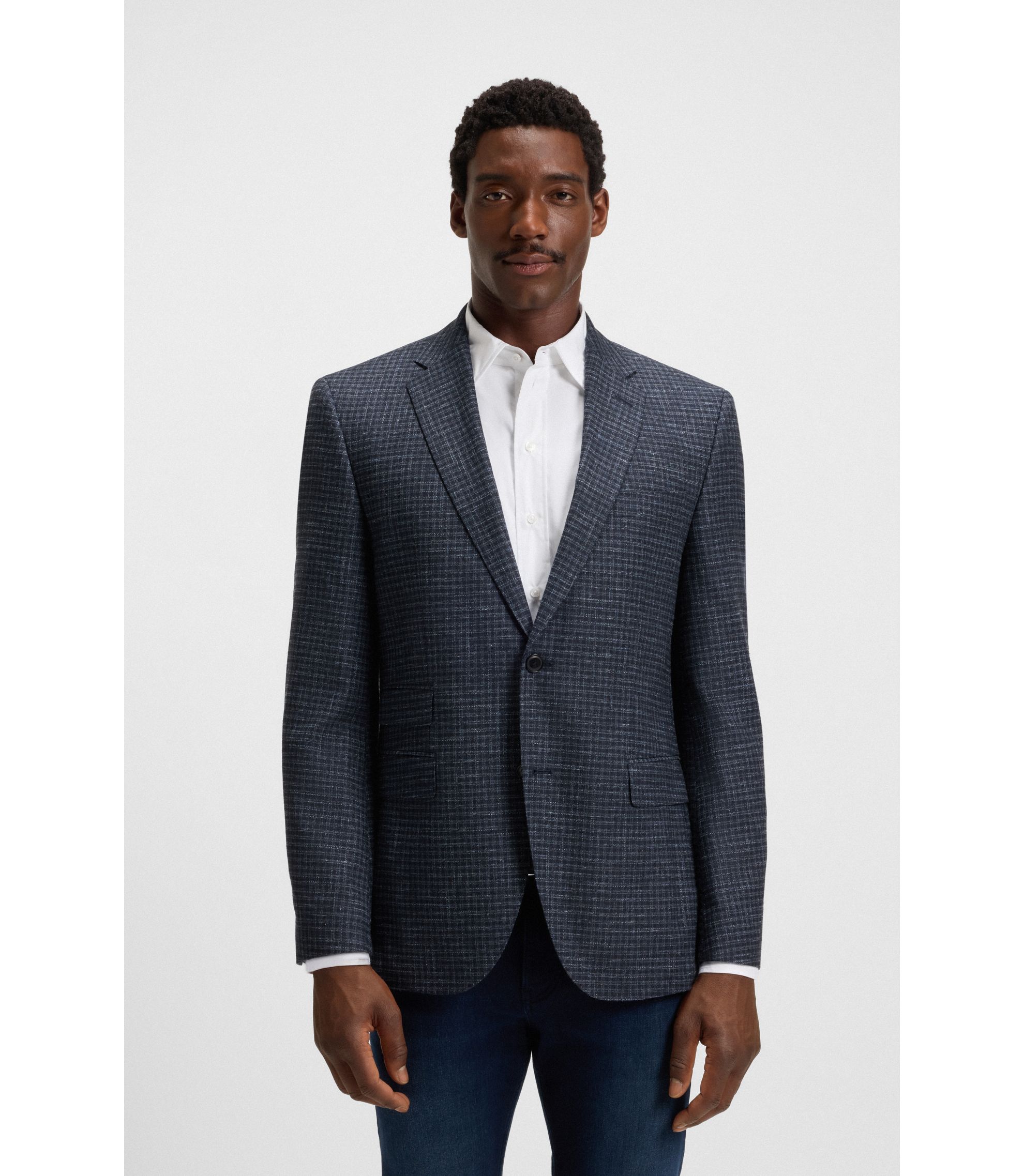 BOSS - Regular-fit blazer in checked stretch cloth - Blue Patterned