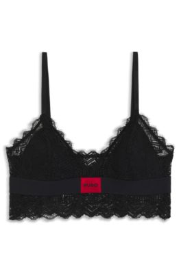 Lace-trim bra with red logo label, Black