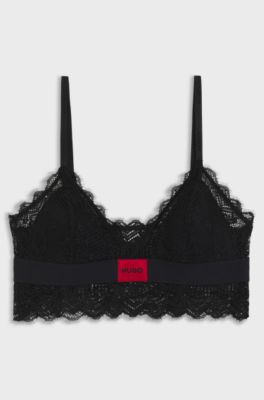 Lace-trim bra with red logo label, Black