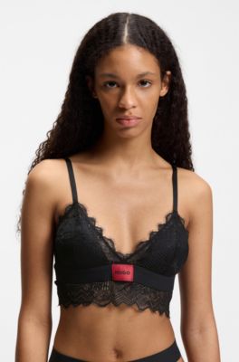 Lace-trim bra with red logo label, Black