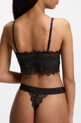 Lace-trim bra with red logo label, Black