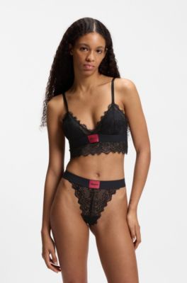 Lace-trim bra with red logo label, Black