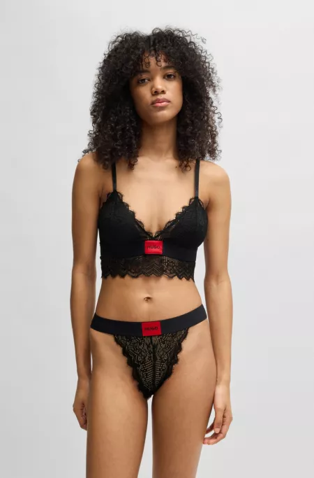 Lace-trim bra with red logo label
