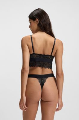 Lace-trim bra with red logo label, Black