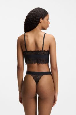 Soutien-gorge avec bordure en dentelle et &eacute;tiquette logot&eacute;e rouge, Noir