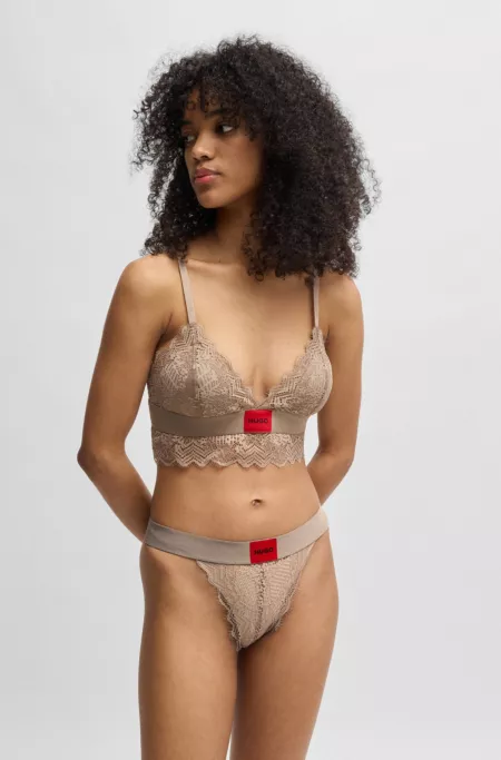 Lace-trim bra with red logo label