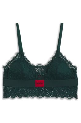 Lace-trim bra with red logo label, Dark Green
