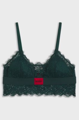 Lace-trim bra with red logo label, Dark Green