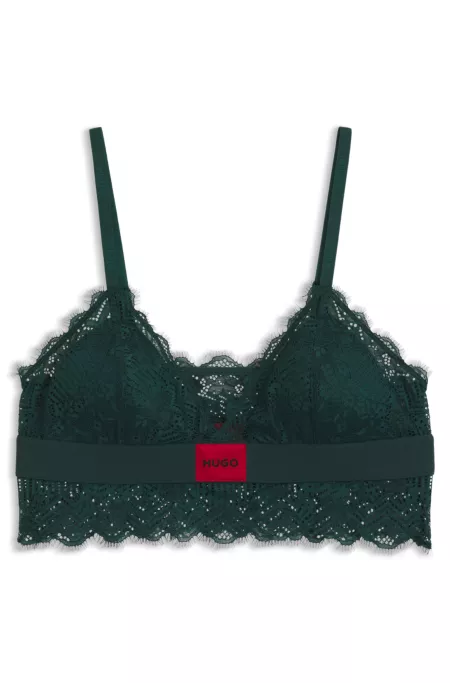 Lace-trim bra with red logo label