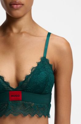 Lace-trim bra with red logo label, Dark Green