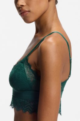 Lace-trim bra with red logo label, Dark Green