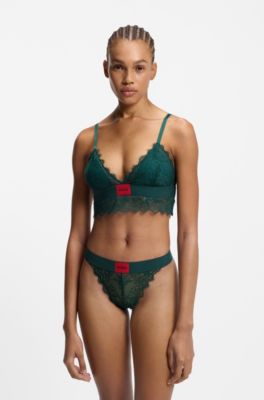 Lace-trim bra with red logo label, Dark Green