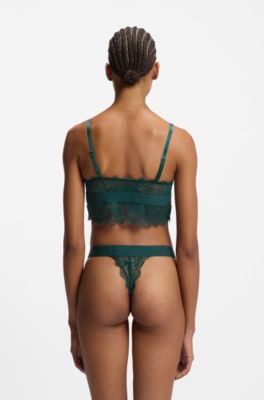 Lace-trim bra with red logo label, Dark Green