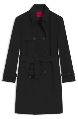 Water-repellent trench coat with buckled belt, Black