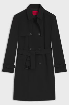 Water-repellent trench coat with buckled belt, Black