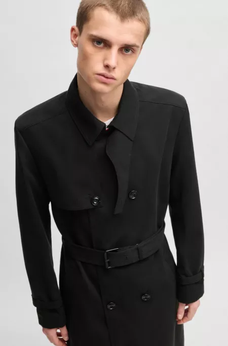 Water-repellent trench coat with buckled belt