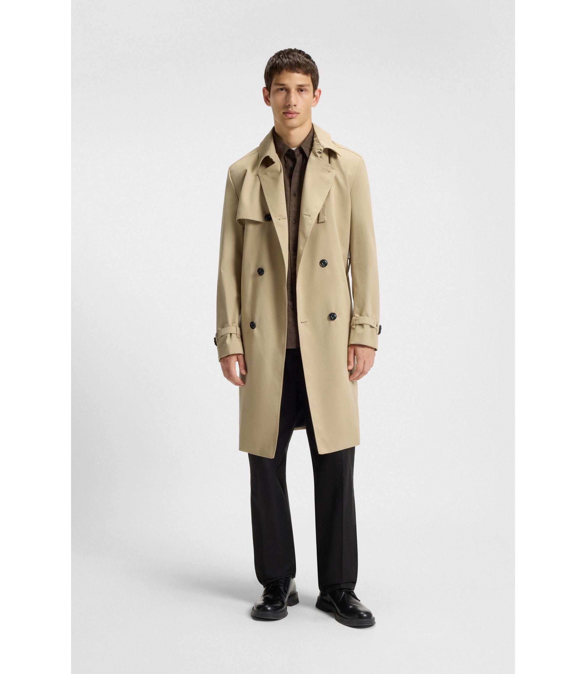 美品✨HUGO BOSS ヒューゴボス トレンチコート ベルト付 グレー 46 HUGO BOSS (ヒューゴボス) バックル付きベルト ダブルボタン ロング