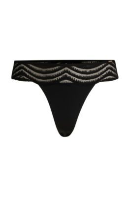 Lace-trim thong with logo detail, Black