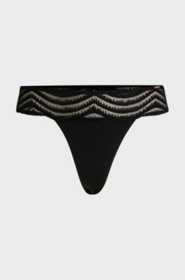 Lace-trim thong with logo detail, Black