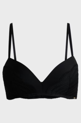 Lace-trim push-up bra with logo detail, Black