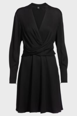 Wrap-front dress with stand collar, Black