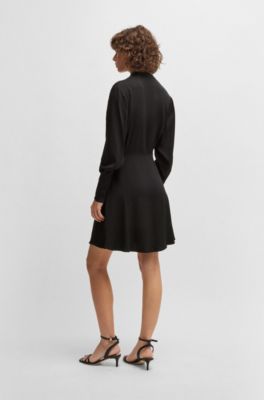 Wrap-front dress with stand collar, Black