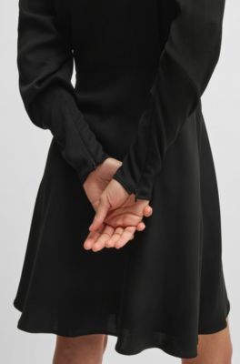 Wrap-front dress with stand collar, Black