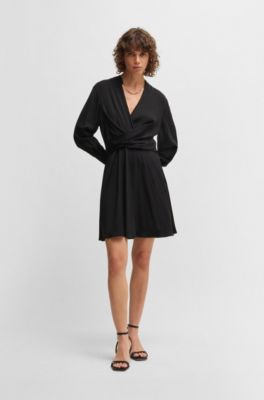 Wrap-front dress with stand collar, Black