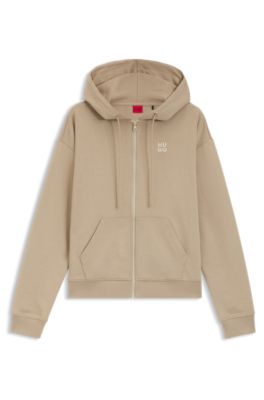 Cotton-terry zip-up hoodie with stacked-logo embroidery, Beige