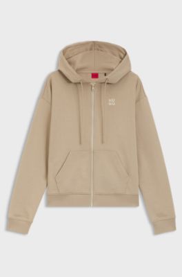 Cotton-terry zip-up hoodie with stacked-logo embroidery, Beige