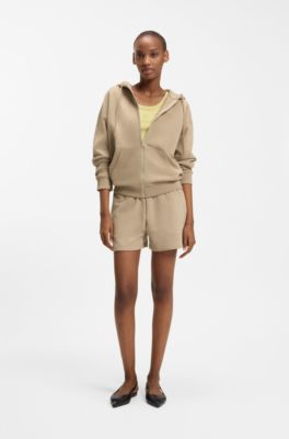 Cotton-terry zip-up hoodie with stacked-logo embroidery, Beige