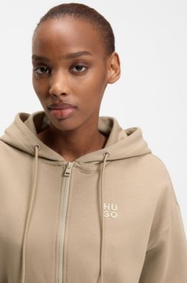 Camisola com capuz e fecho em terry de algod&atilde;o com log&oacute;tipo sobreposto bordado, Beige